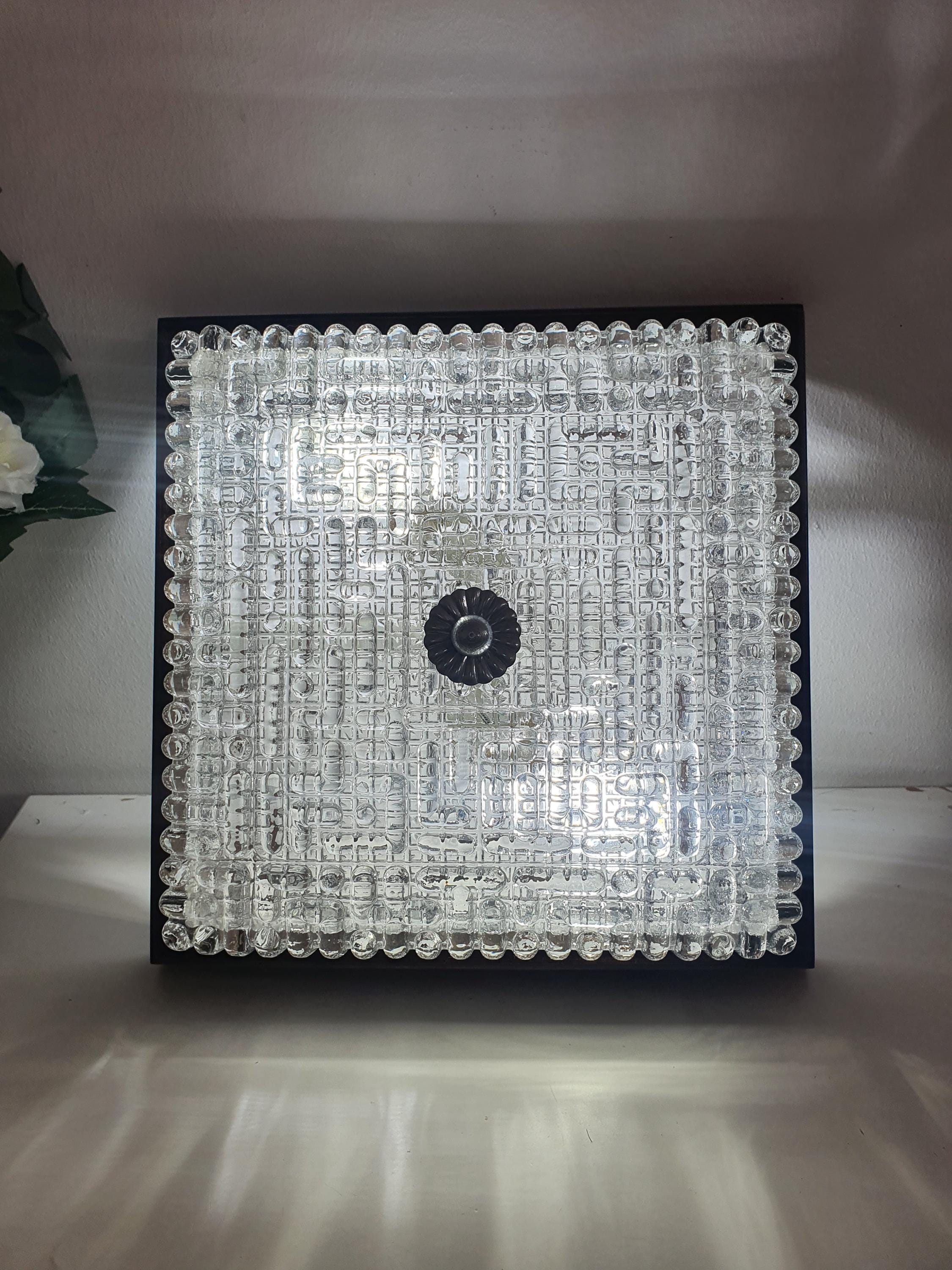 Vintage Italian square Brutalist light, thick stamped ribbed clear glass, natural wood frame, wall or ceiling, 1960s–1970s
